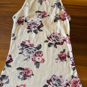 Floral Ribbed Tank — White with Pink & Gray Roses